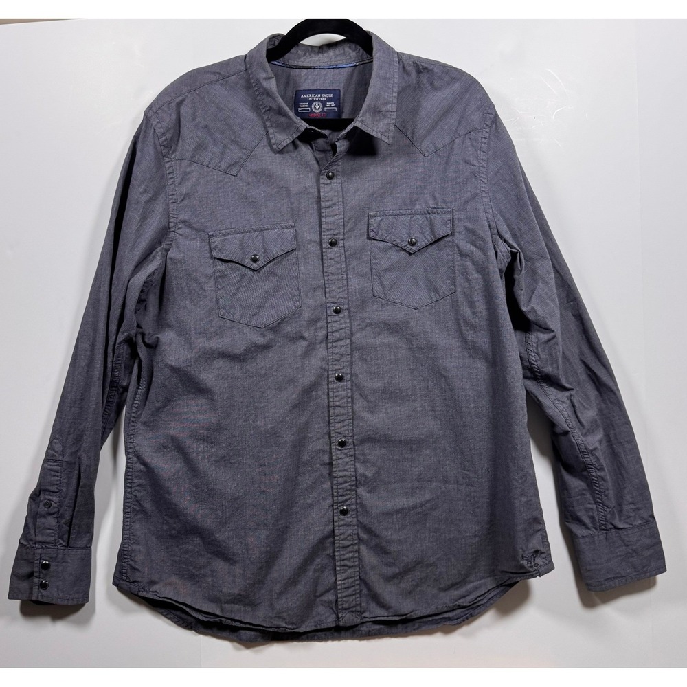 American Eagle Outfitters Mens‎ Vintage Fit Long Sleeve Snap Front Shirt XL Gray